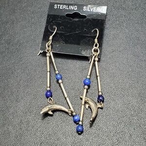 Sterling Silver Dangling Dolphin Earrings Blue Semiprecious Beads